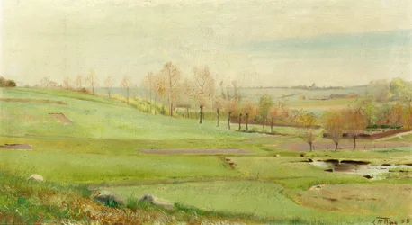 Foaarsland paisagem com luz campos verdes; um poço para a h. Mogenstrup